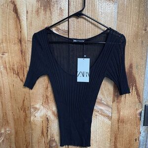 Zara Shear Black Short Sleeve Ribbed Top